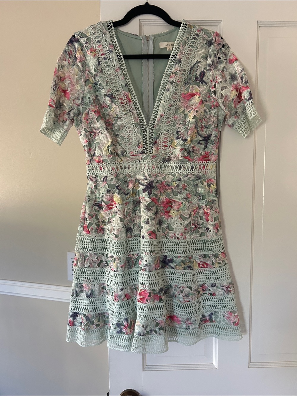 Just Me Mint Floral Lace-Trim Mini Dress with Pink & Green Accents NWOT - Picture 2 of 4